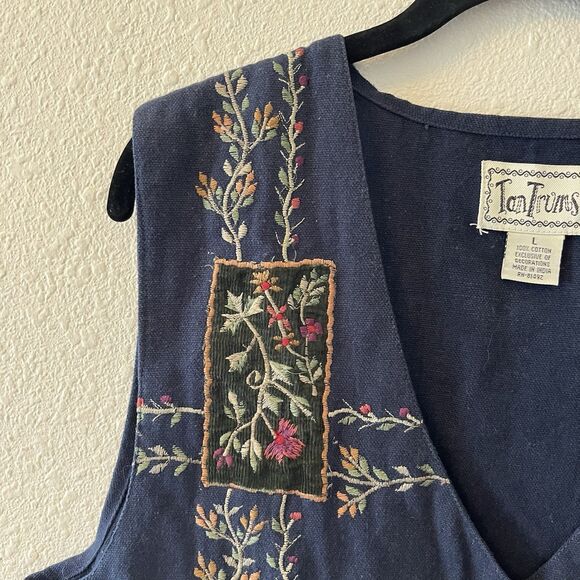 Vintage TanTrums Vest Women's L Floral Embroidered Patchwork Navy Cotton Cottage - Picture 8 of 12